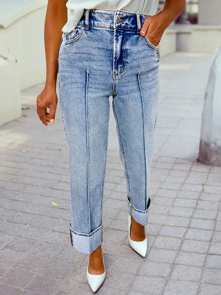 Center Seam Cuffed Hem Straight High Waist Jeans