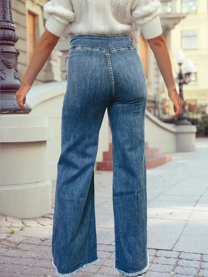 High Waist Button Fly Seamed Raw Hem Flare Jeans
