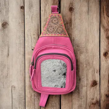 Pink Cowhide/Hand Tooled Sling Bag