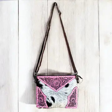 Pink Tooled Leather & Cowhide Crossbody Bag