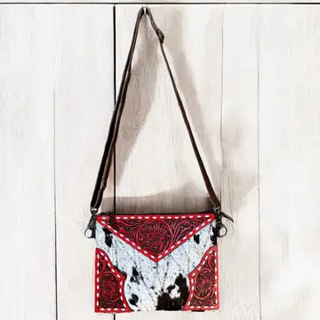 Red Tooled Leather & Cowhide Crossbody Bag